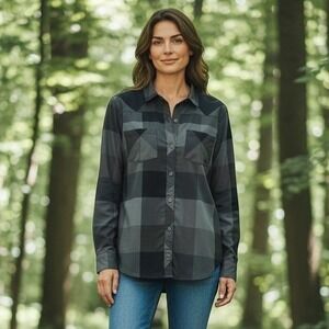 Under Armour Flannel Shirt Women XL Grey Black Gray Buffalo Plaid Tradesman Logo